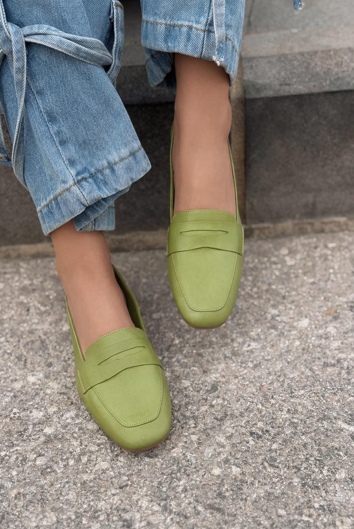 Melniel Hakiki Deri Kadın Loafer Yeşil - ILOVESHOES