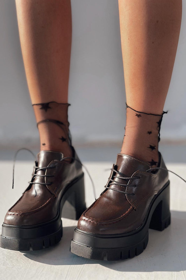 Sapetos Kalın Taban Topuklu Kadın Loafer Acı Kahve Mat Rugan - ILOVESHOES