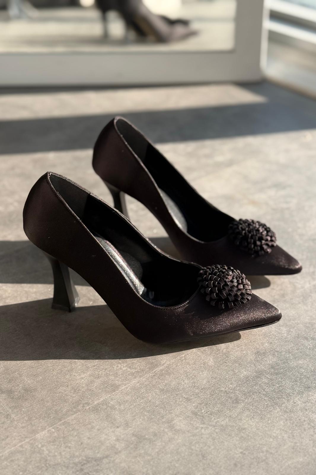 Fovira Saten Siyah Stiletto - ILOVESHOES