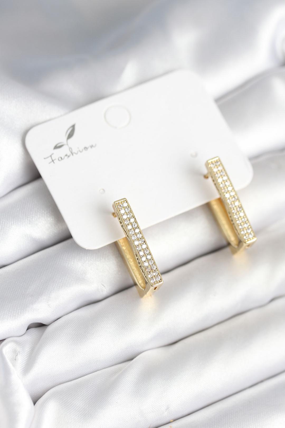 ILS - 1017 Kadın Kare Küpe Gold Prinç Zirkon Taşlı - ILOVESHOES