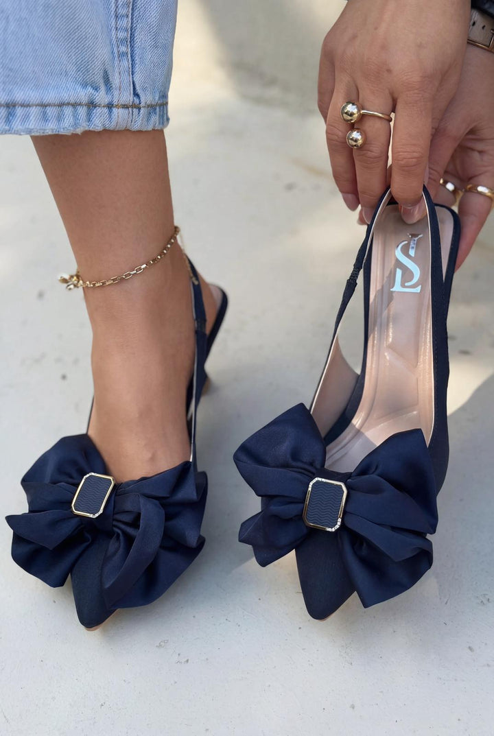 Velune Stiletto Lacivert Saten Fiyonk Detaylı - ILOVESHOES