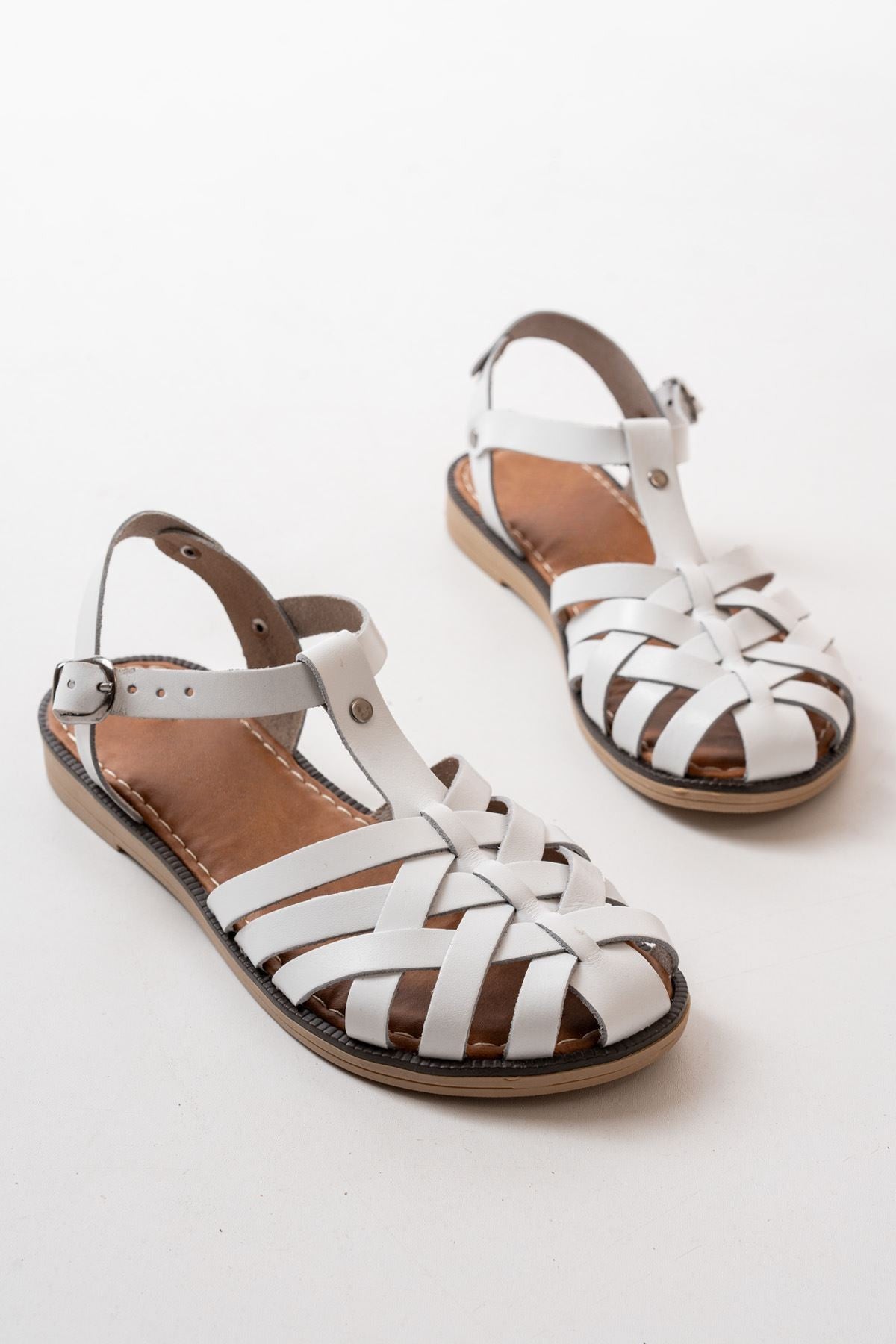Halvion Hakiki Deri Beyaz Kadın Sandalet - ILOVESHOES