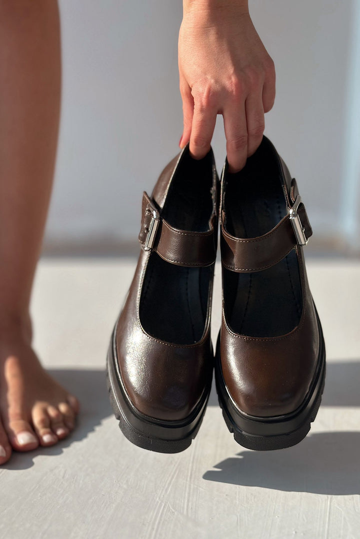 Solea Kalın Taban Topuklu Mary Jane Acı Kahve Mat Deri - ILOVESHOES