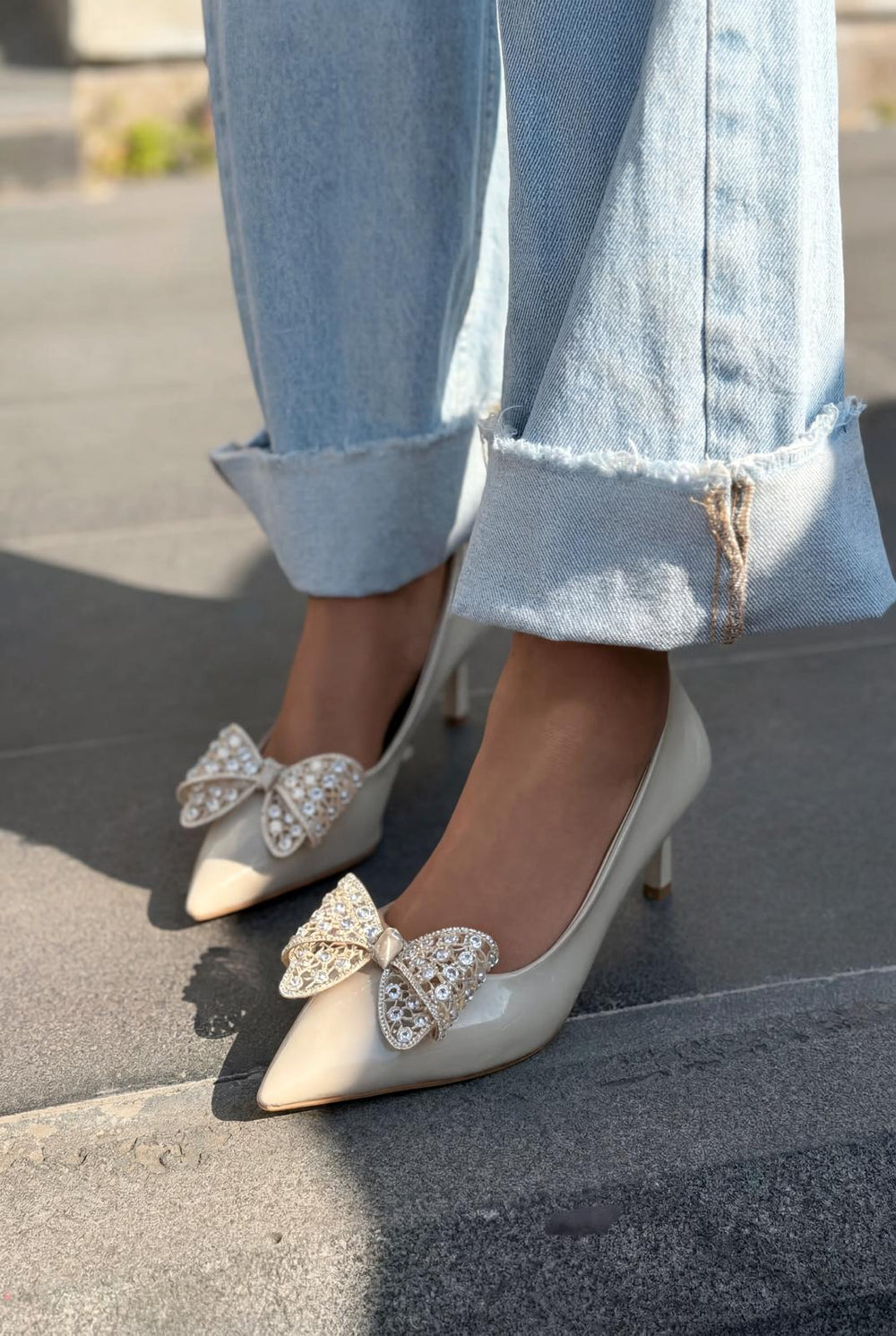 Sorexa Stiletto Bej Rugan Fiyonk Detaylı - ILOVESHOES