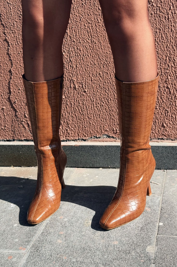 Jorani Mat Deri Desenli Taba Yüksek Topuklu Çizme - ILOVESHOES