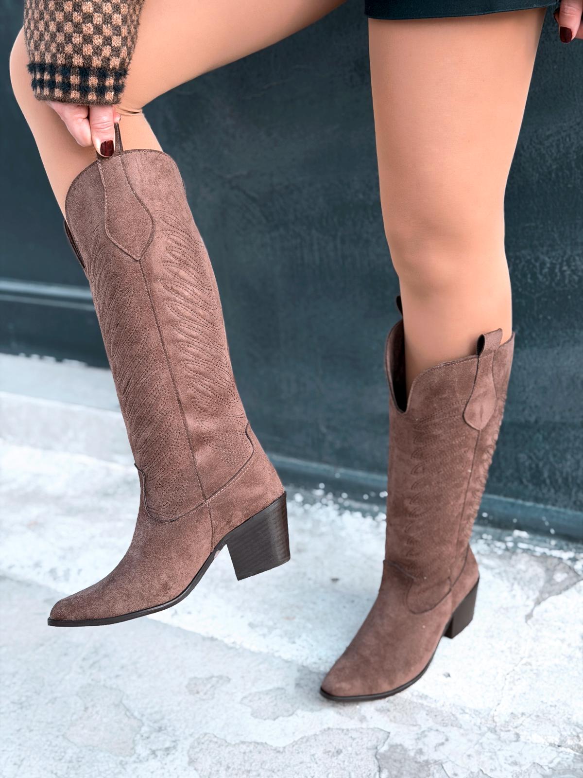 Marvett Kadın Kovboy Çizme Kahverengi Süet - ILOVESHOES