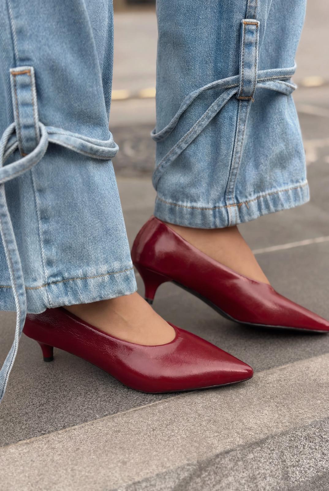 Seranis Hakiki Deri Stiletto Bordo Kırışık Rugan - ILOVESHOES