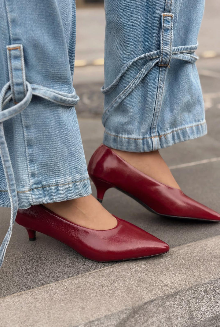 Seranis Hakiki Deri Stiletto Bordo Kırışık Rugan - ILOVESHOES