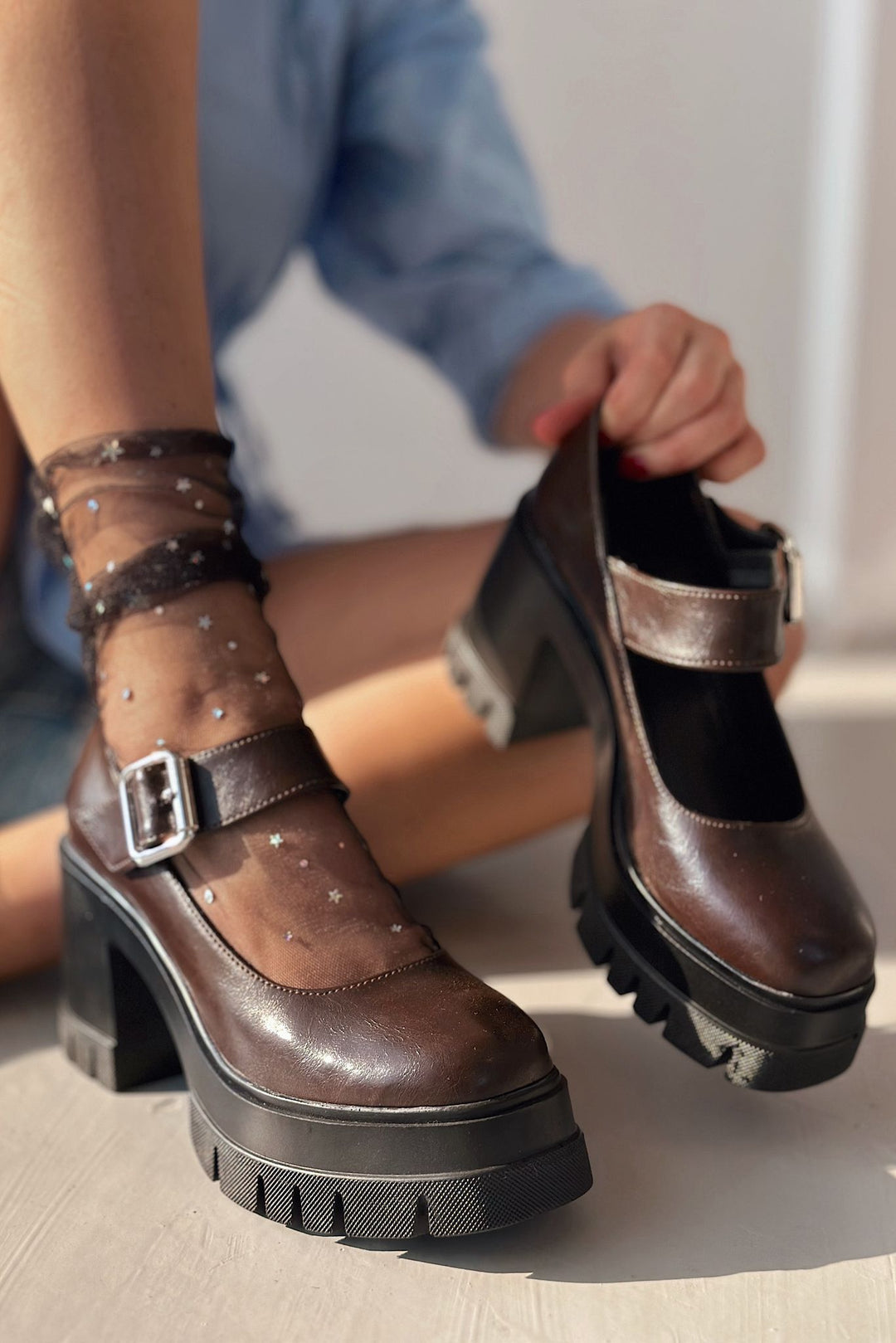 Solea Kalın Taban Topuklu Mary Jane Acı Kahve Mat Deri - ILOVESHOES