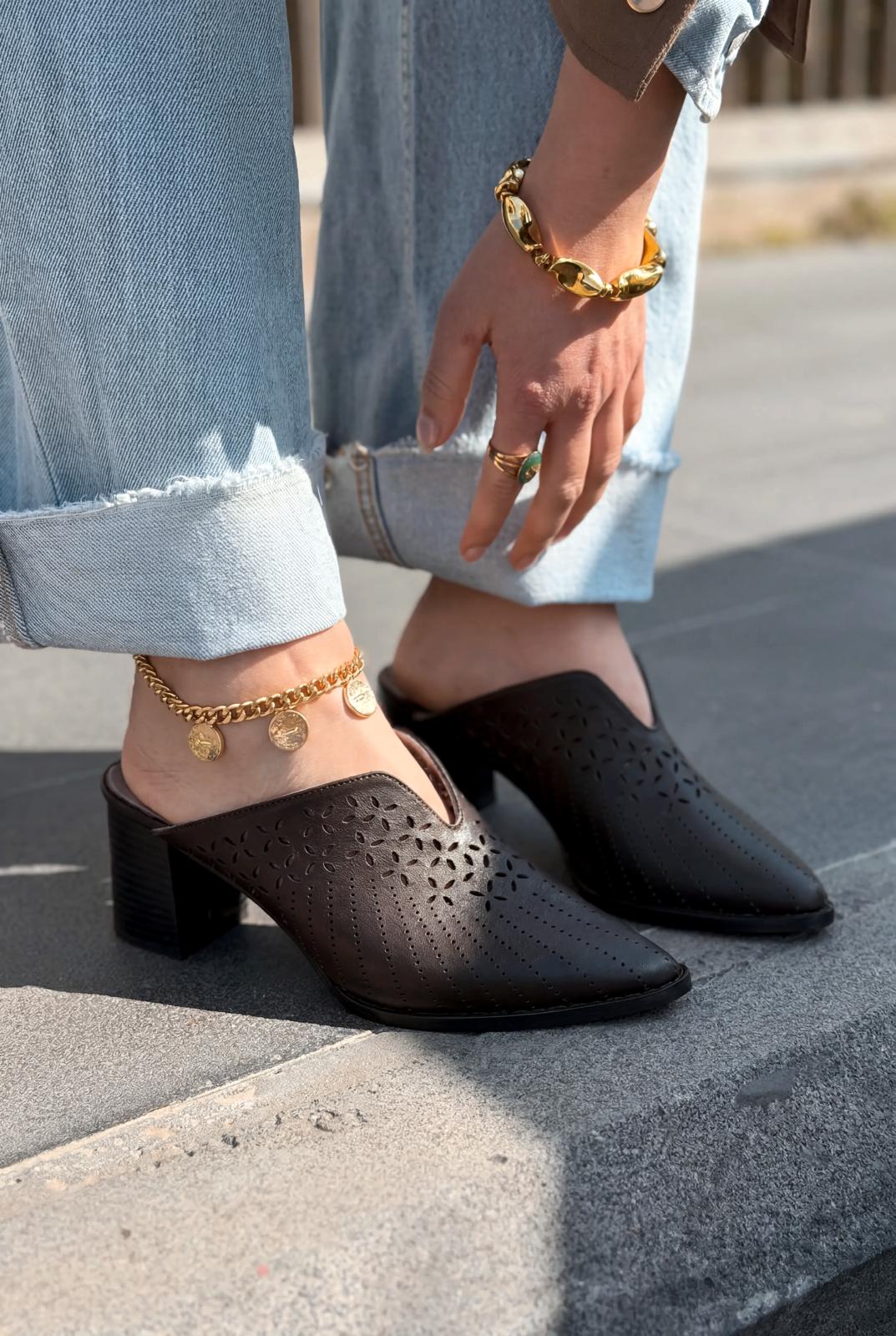 Noravina Hakiki Deri Topuklu Terlik Acıkahve - ILOVESHOES