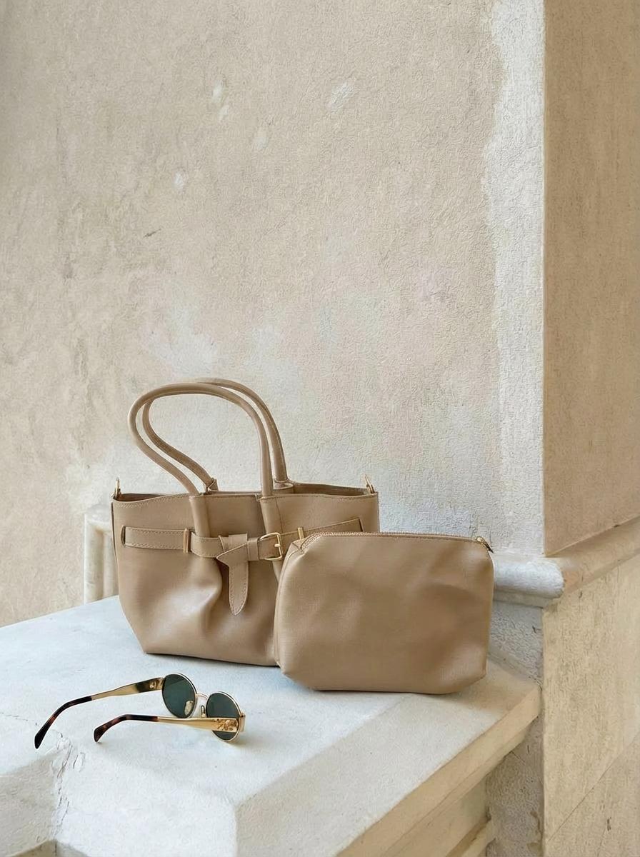 Avenor Omuz Çantası Bej Mat Deri Makyaj Çantalı - ILOVESHOES