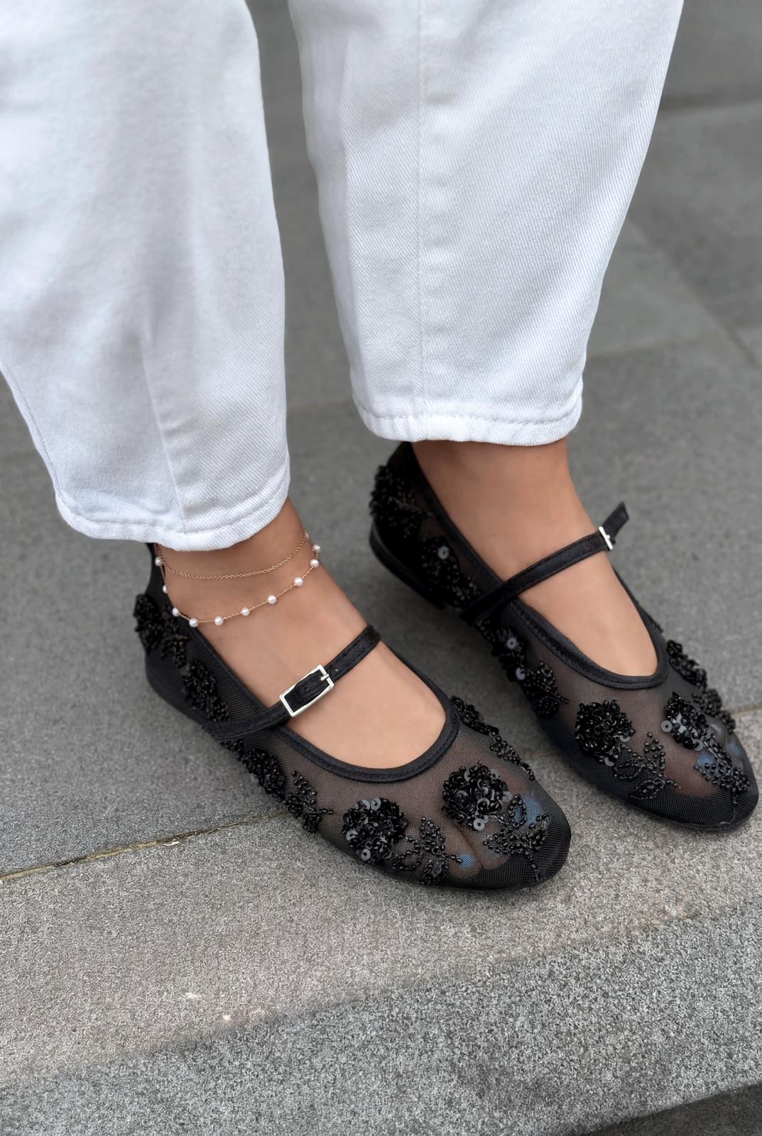 Telora Kadın Babet Siyah Nakışlı - ILOVESHOES