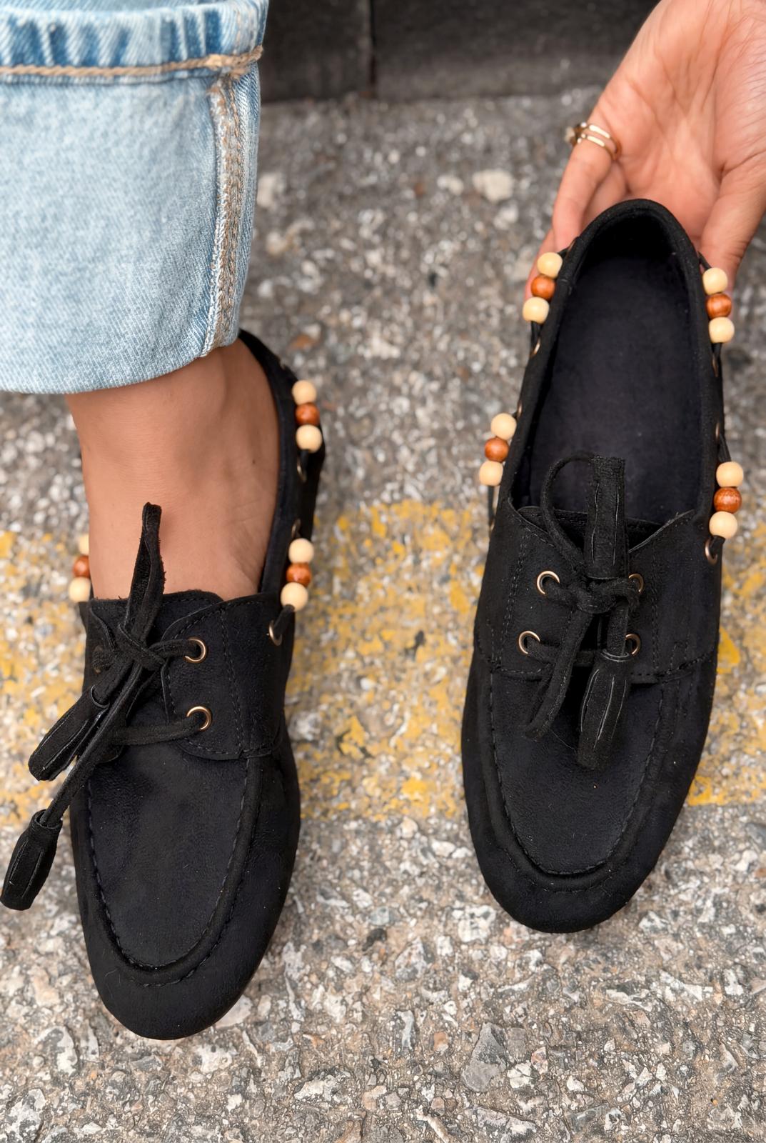 Brion Siyah Süet Kadın Oxford Ayakkabı - ILOVESHOES