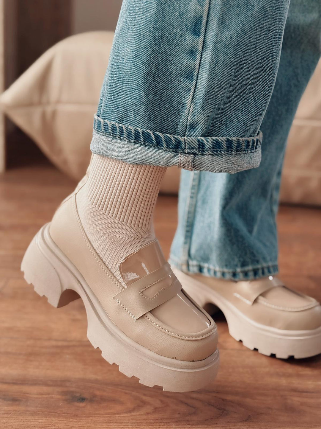 Celora Kadın Kalın Taban Bot Bej Triko - ILOVESHOES