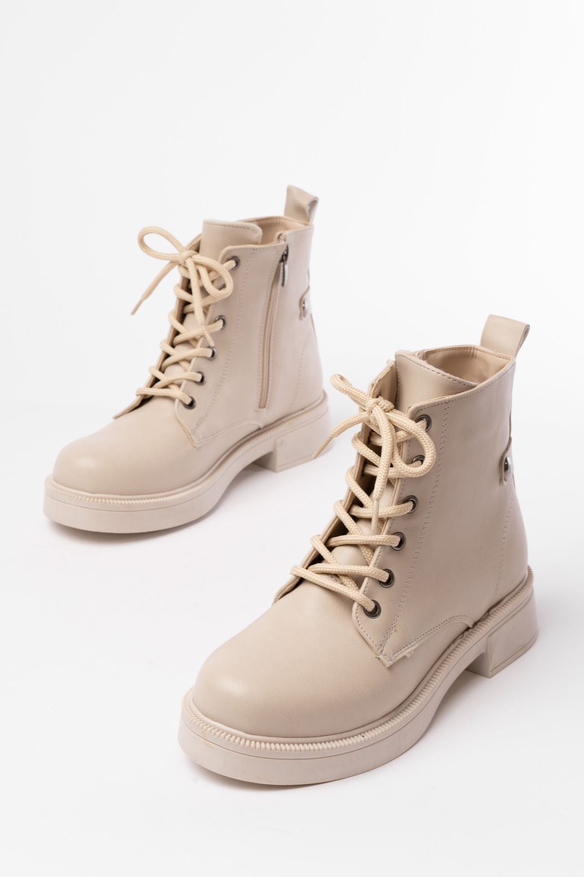 Luvica Bej Bağcıklı Fermuarlı Günlük Kadın Bot - ILOVESHOES