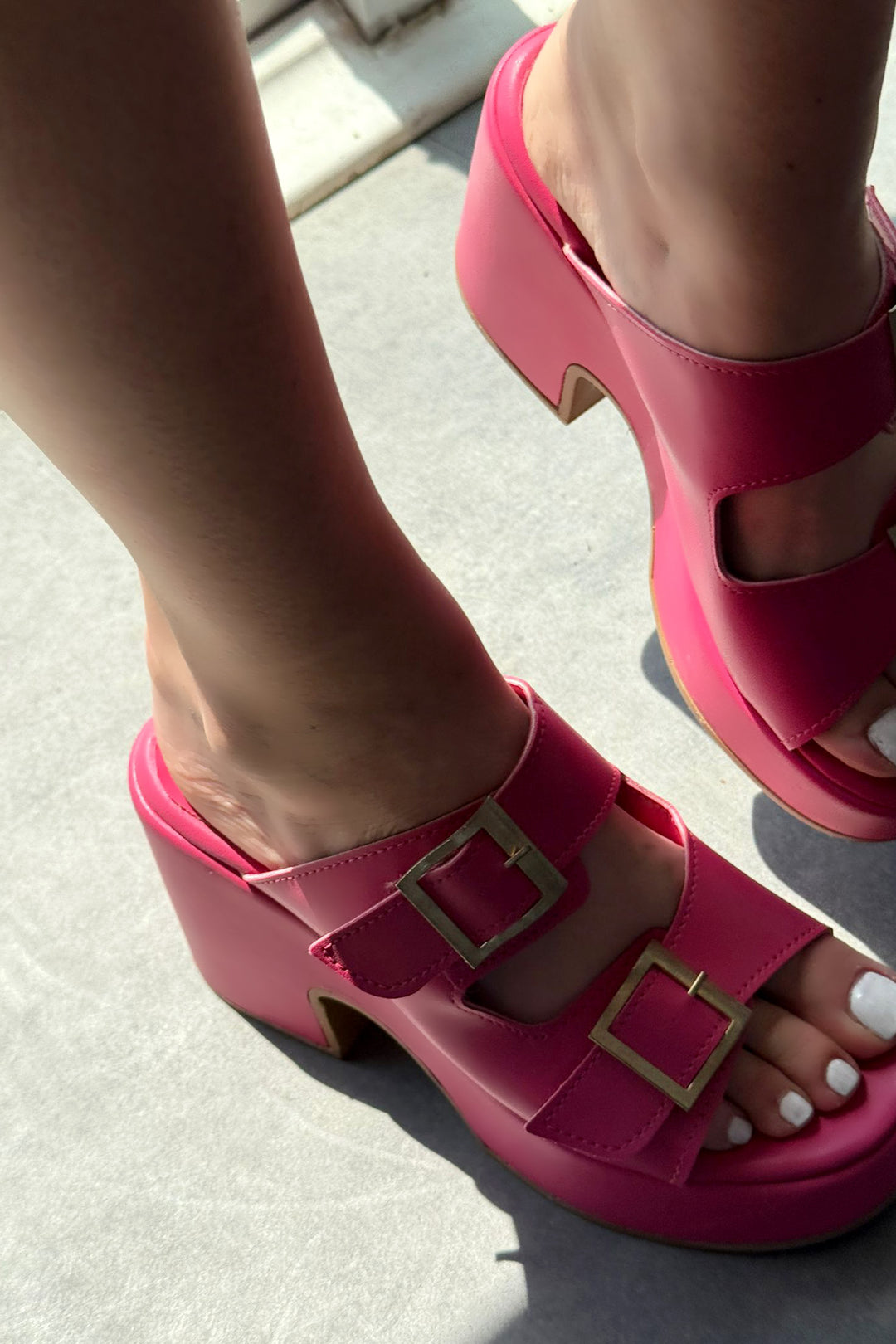 Livons Mat Deri Platform Topuklu Kadın Terlik Fuşya - ILOVESHOES