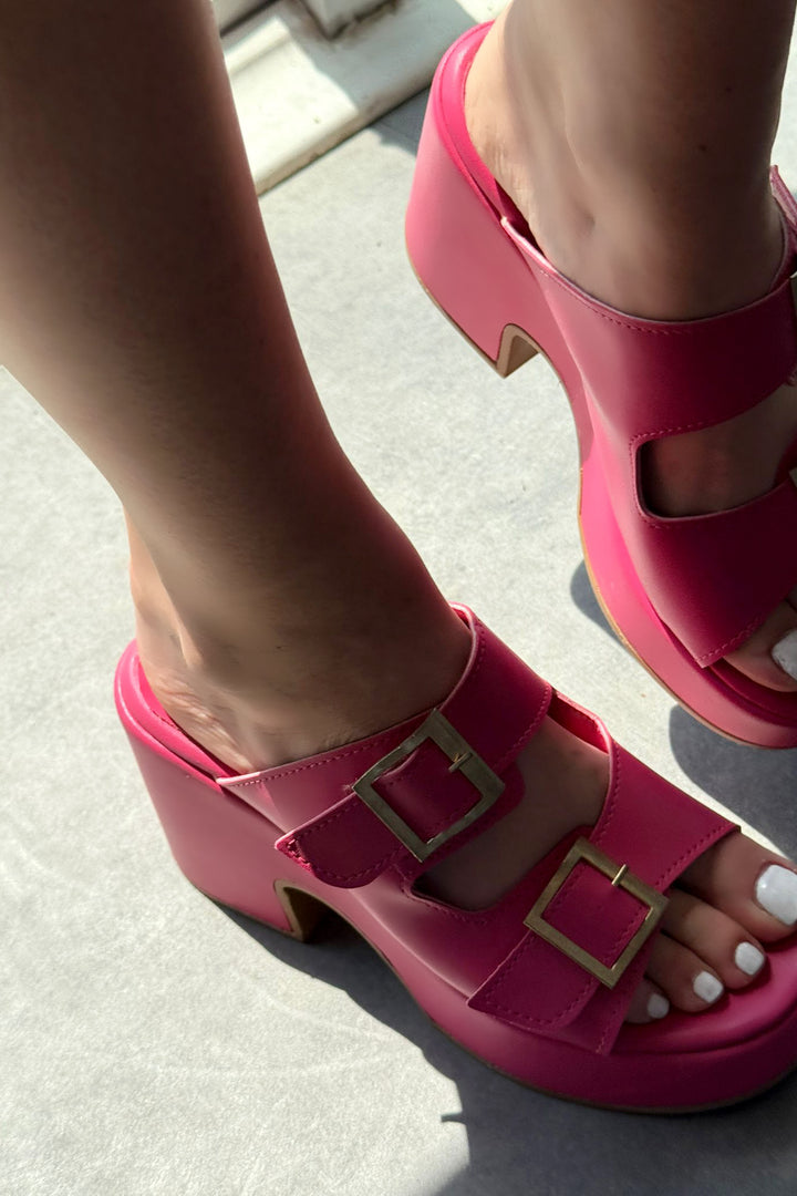 Livons Mat Deri Platform Topuklu Kadın Terlik Fuşya - ILOVESHOES