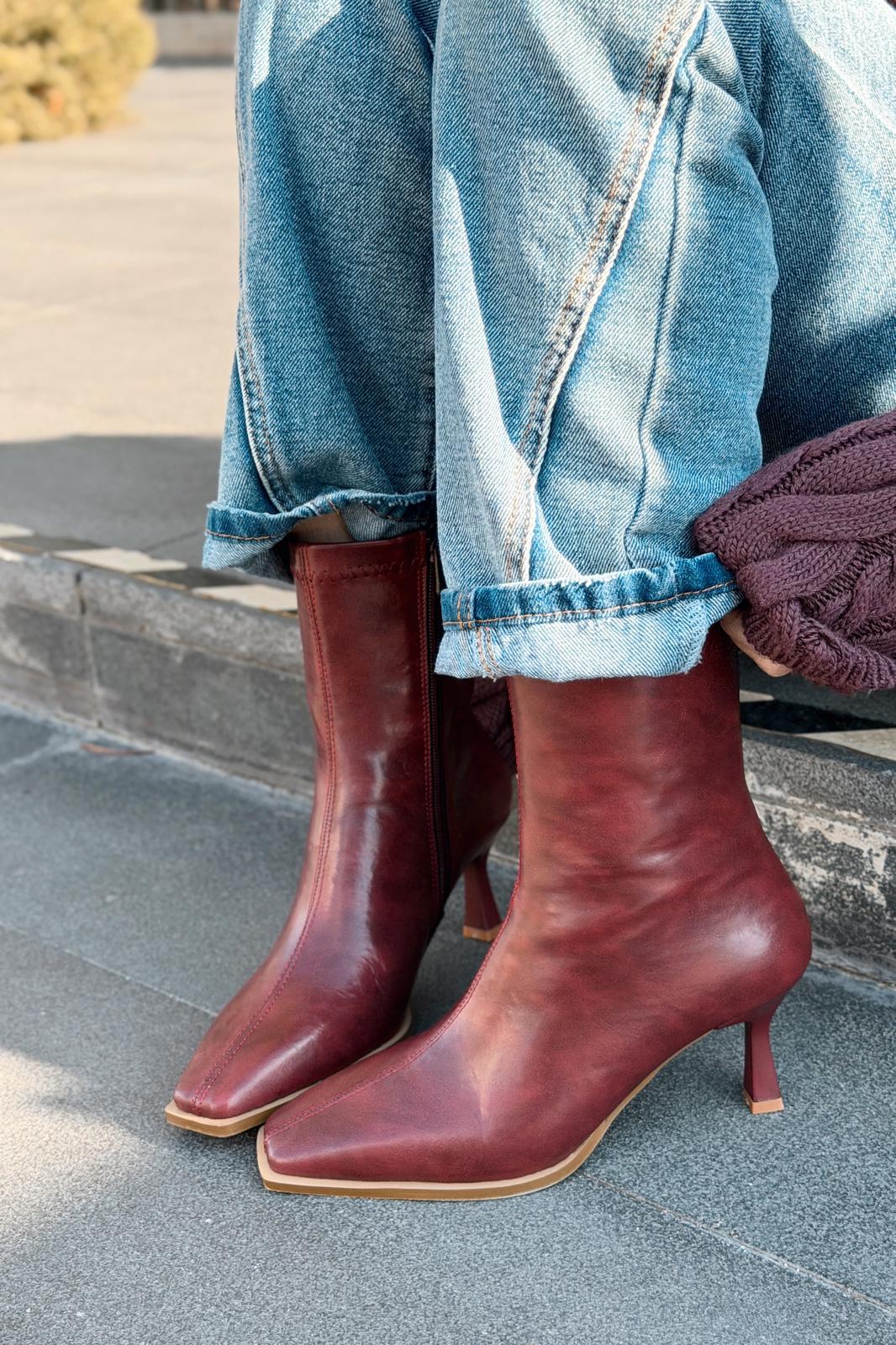 Alderie Kadın Topuklu Bot Bordo Mat Deri - ILOVESHOES