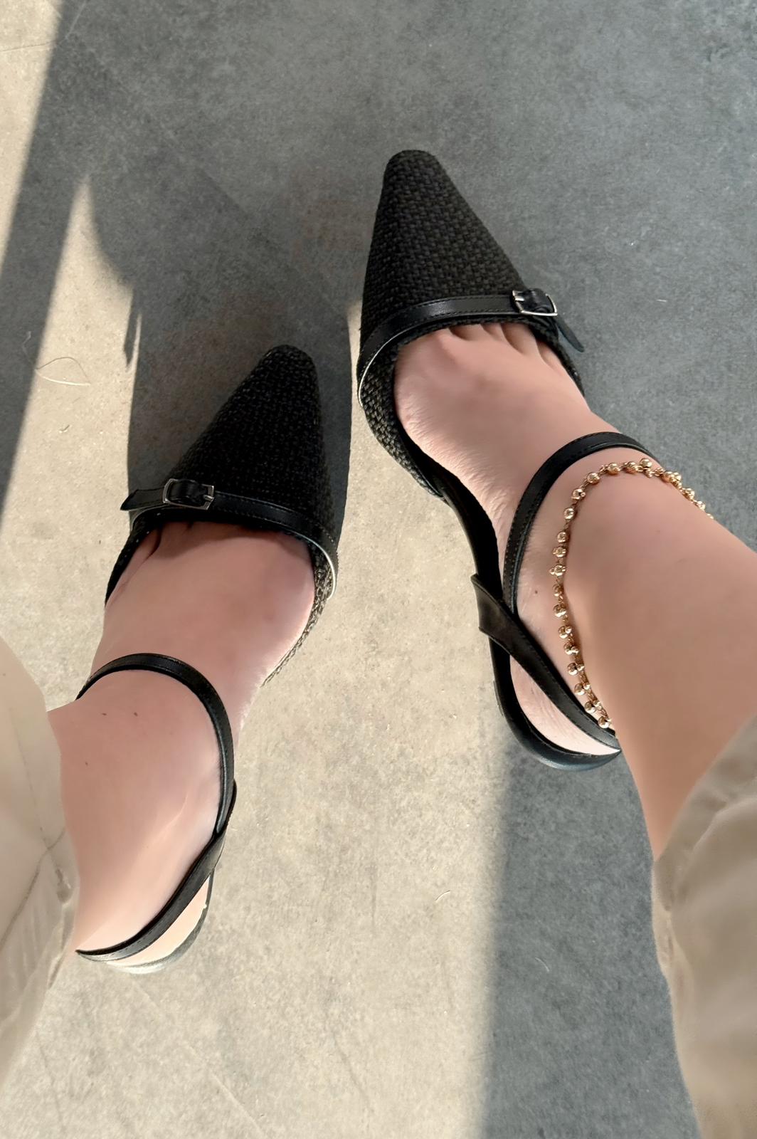 Rensowa Hasır Siyah Toka Detaylı Stiletto - ILOVESHOES
