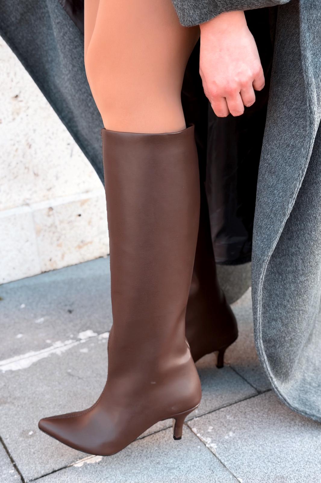 Celmira Kadın Topuklu Çizme Kahverengi Mat Deri - ILOVESHOES