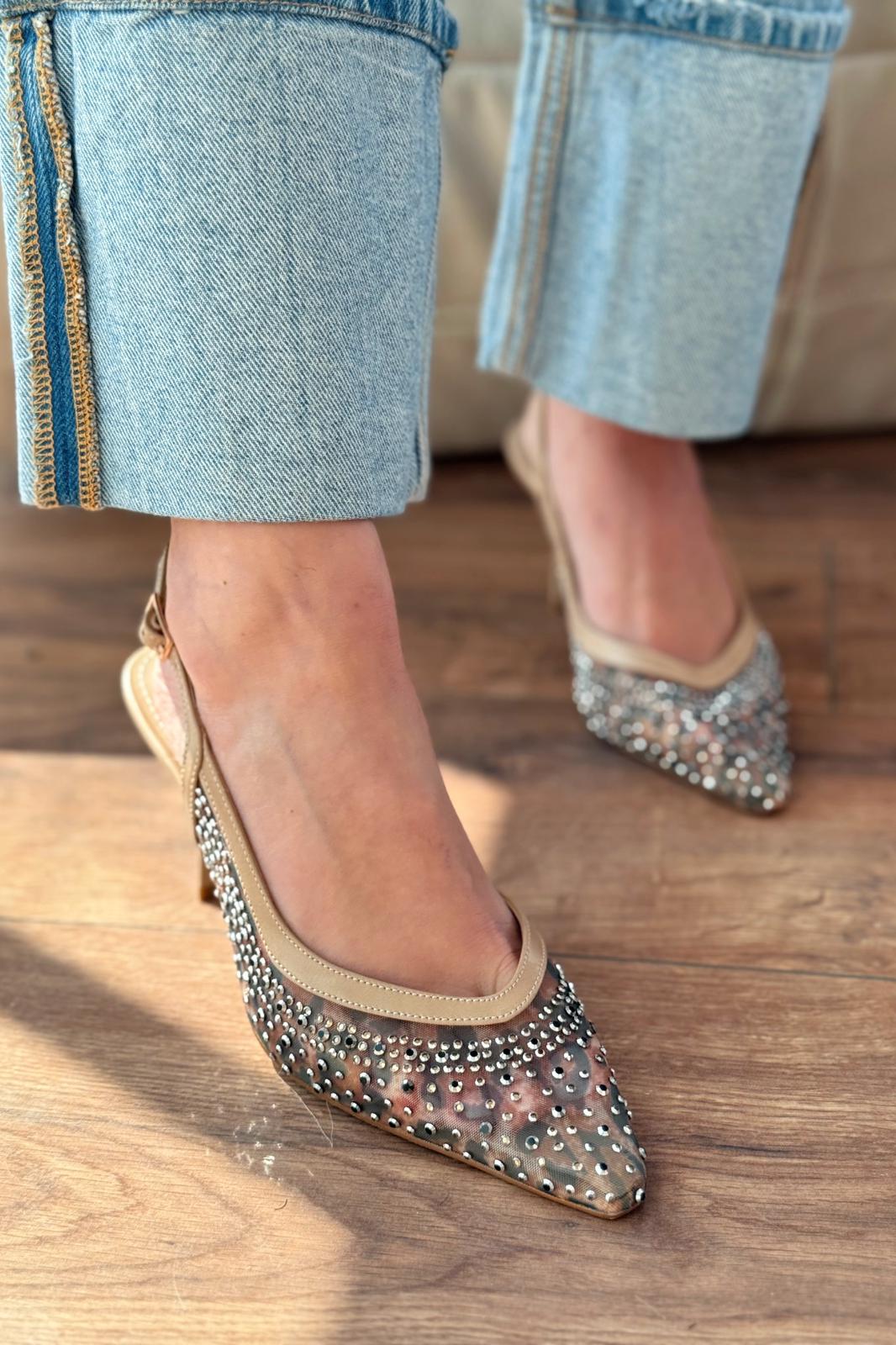 Clarwon Tül Taş Detaylı Stiletto Bej - ILOVESHOES
