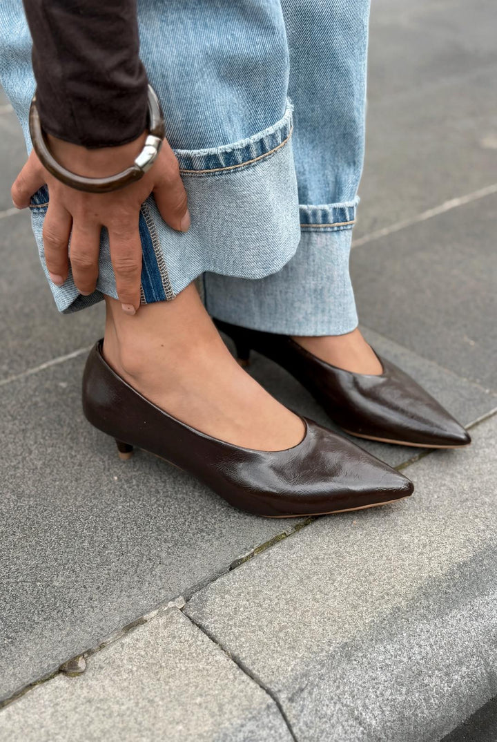 Seranis Hakiki Deri Stiletto Acıkahve Kırışık Rugan - ILOVESHOES