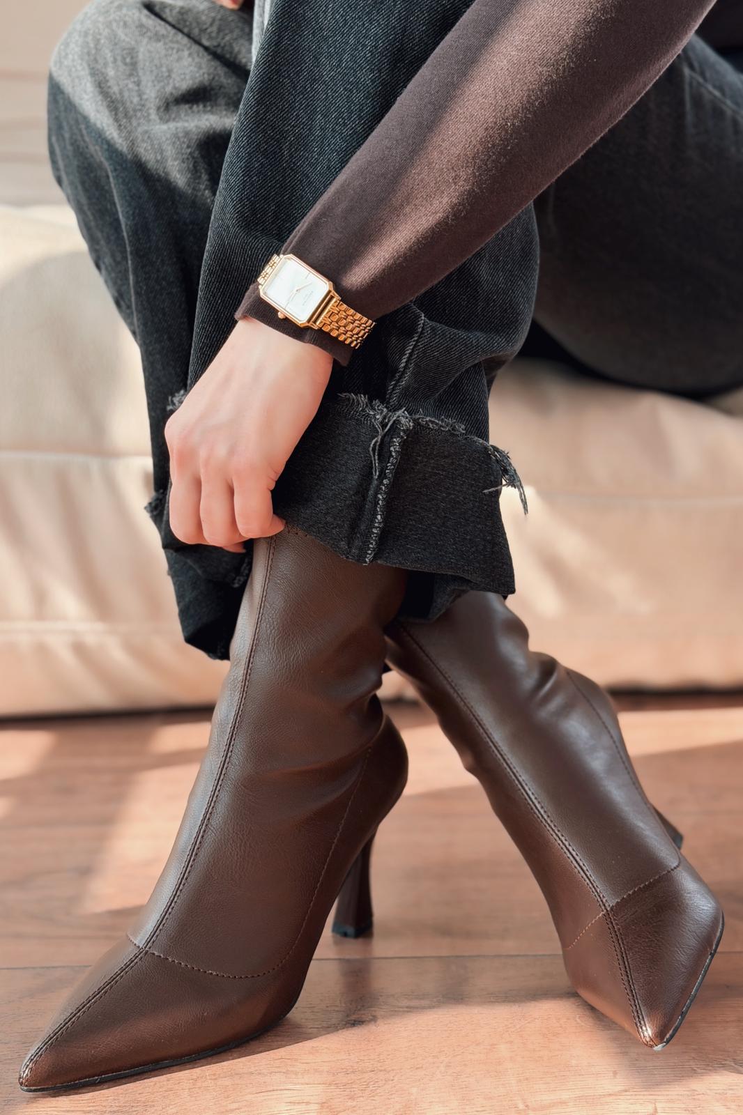 Jedaws Mat Deri İnce Topuklu Çorap Bot Acıkahve - ILOVESHOES