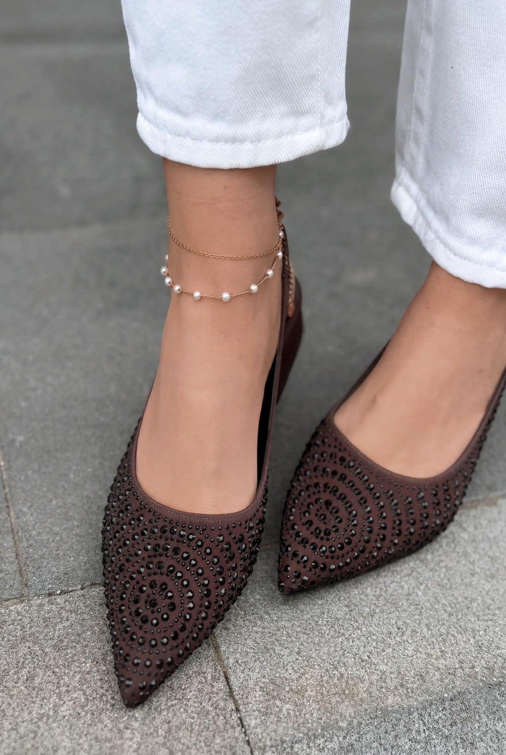 Dunes Topuklu Ayakkabı Acıkahve Saten Siyah Taşlı - ILOVESHOES