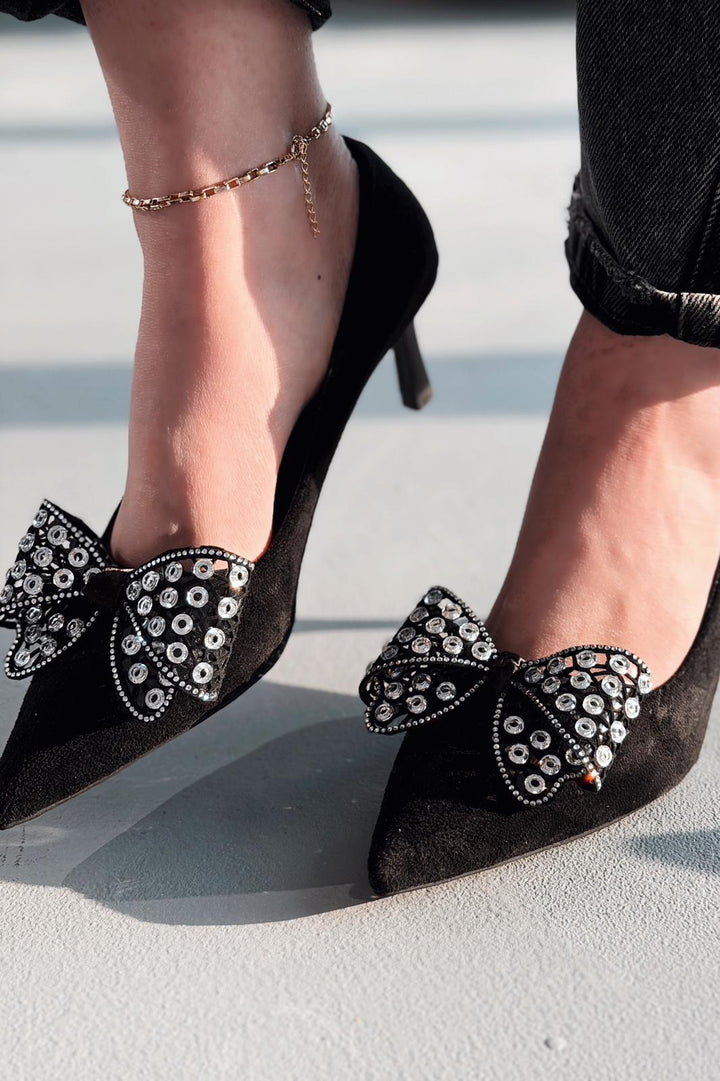 Sorexa Stiletto Siyah Süet Fiyonk Detaylı - ILOVESHOES