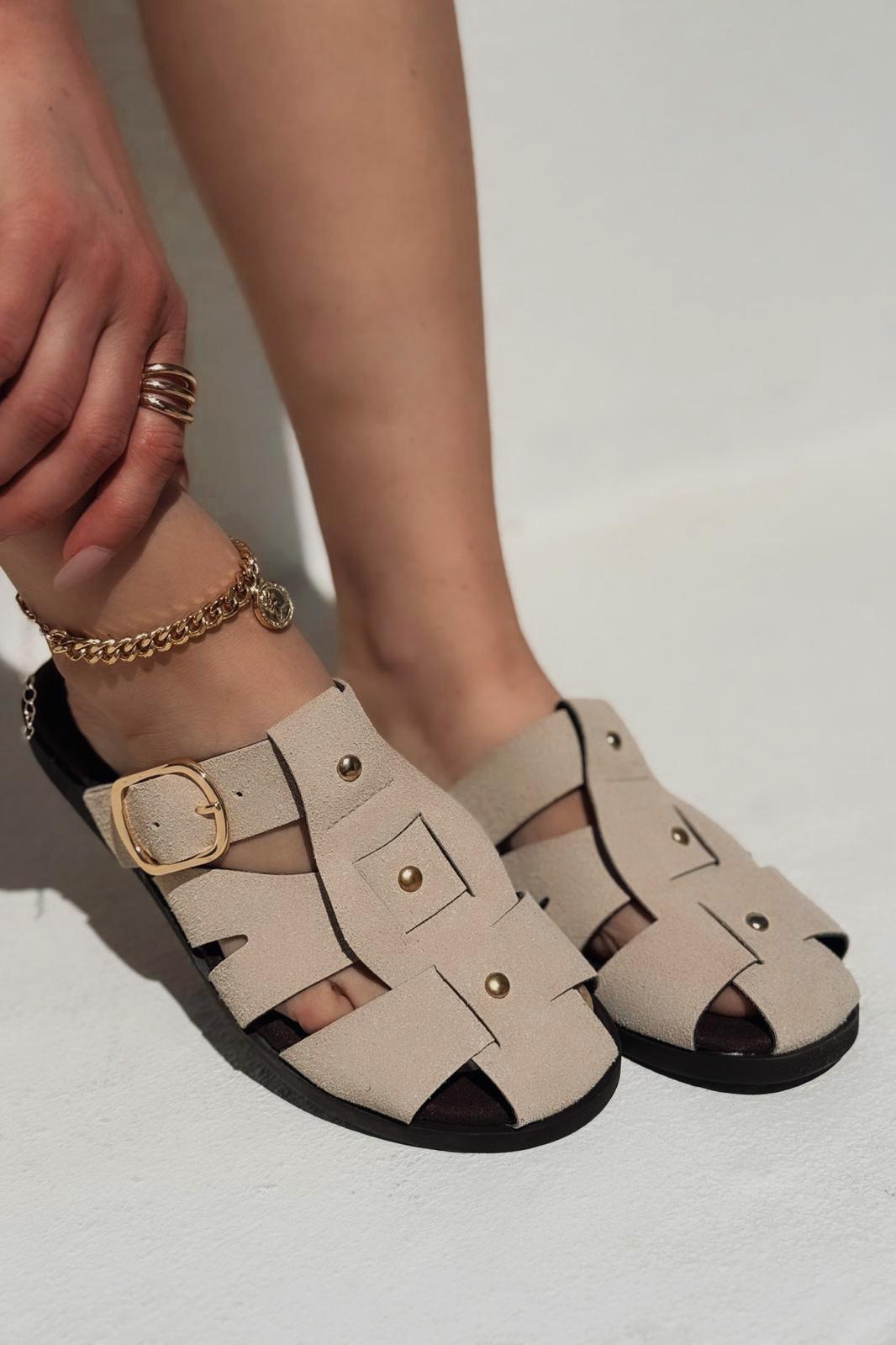Tayra Süet Bej Düz Kadın Terlik - ILOVESHOES