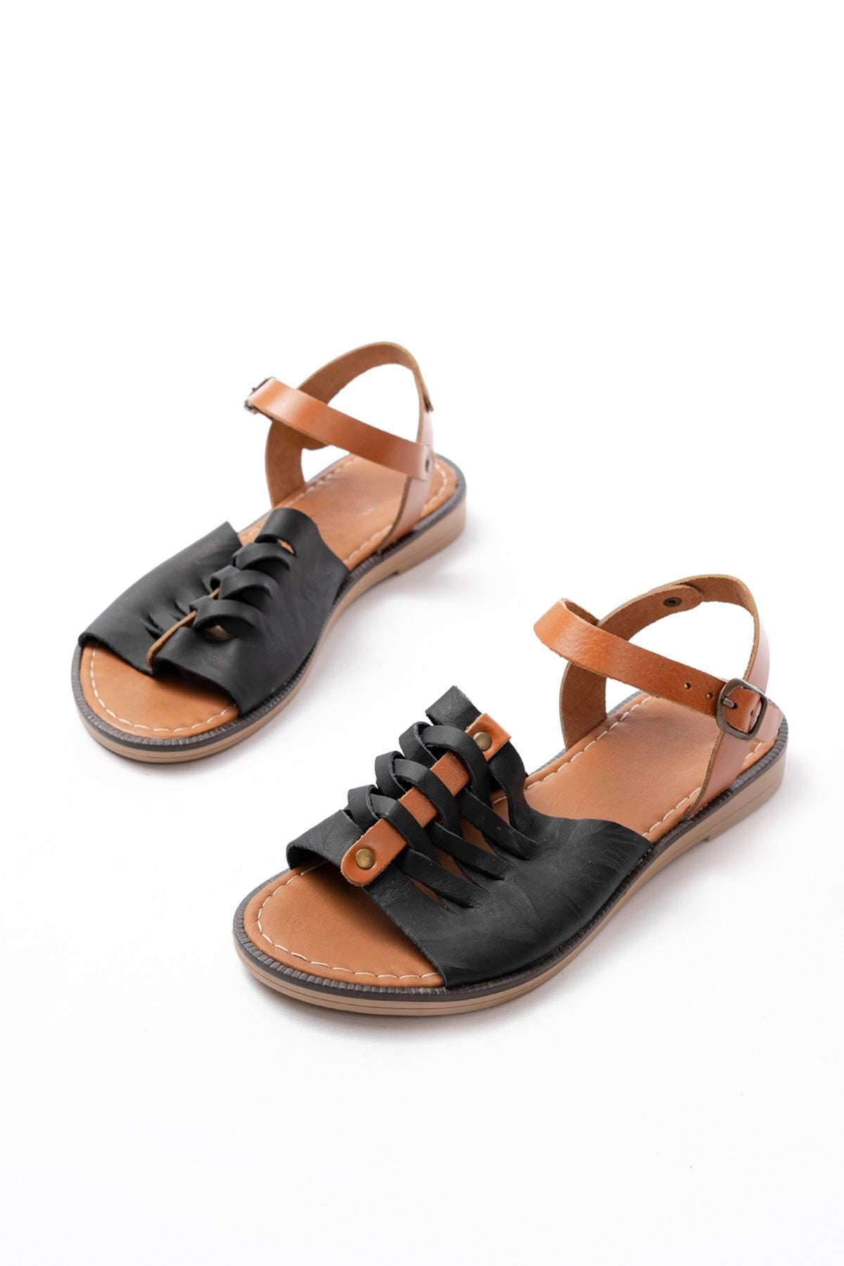 Fereno Hakiki Deri Siyah Kadın Sandalet - ILOVESHOES