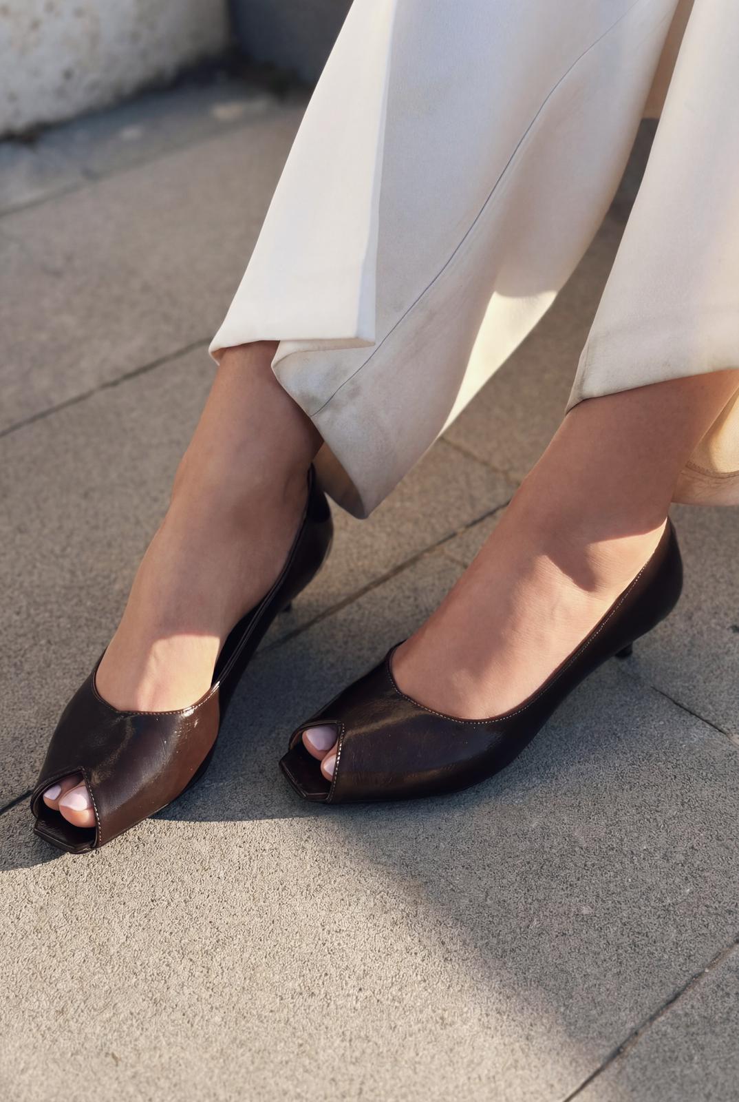 Norvion Hakiki Deri Acıkahve Kırışık Rugan Kadın Topuklu Ayakkabı - ILOVESHOES