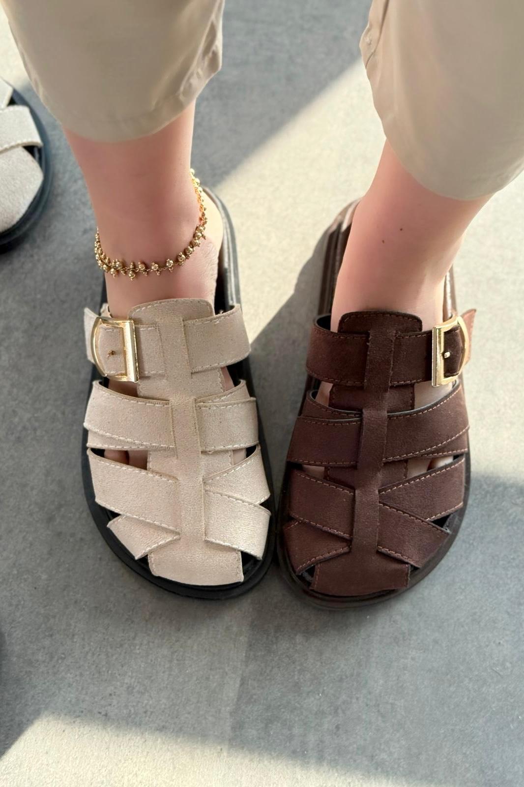 Polra Süet Bej Düz Kadın Terlik - ILOVESHOES