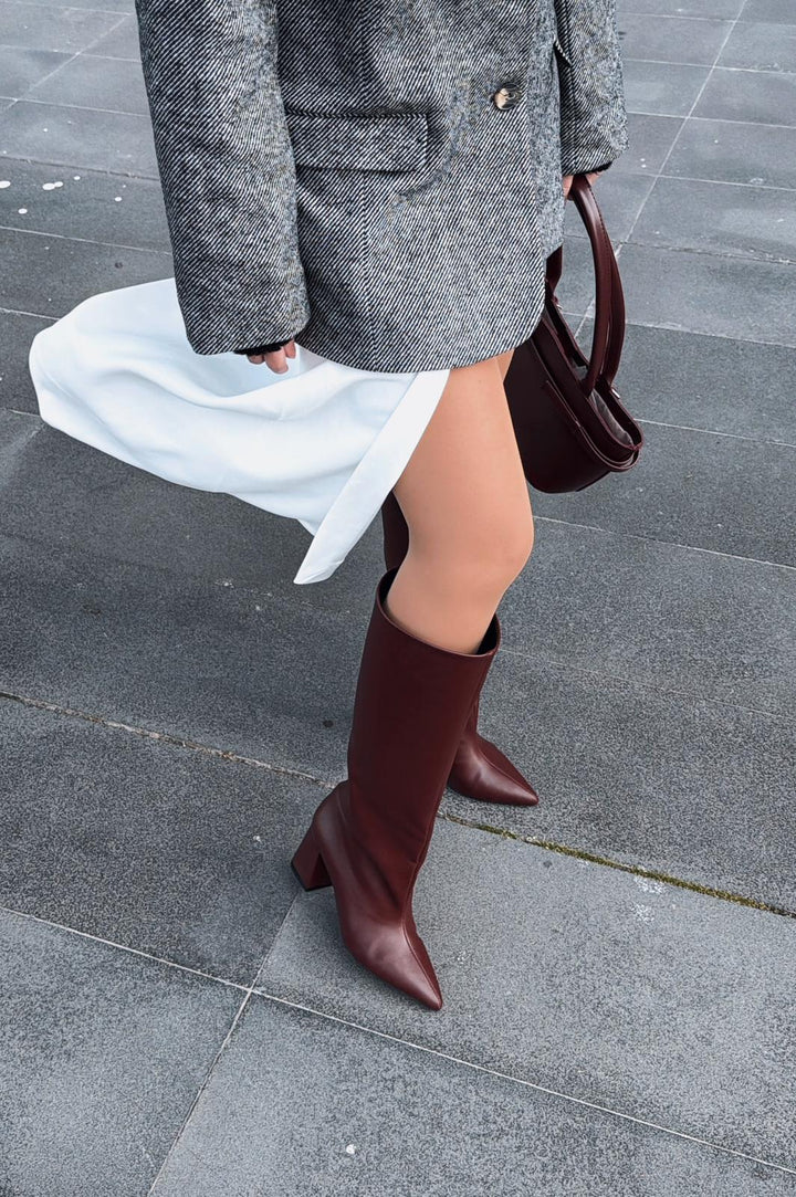 Jarlene Kadın Topuklu Çizme Bordo Mat Deri - ILOVESHOES