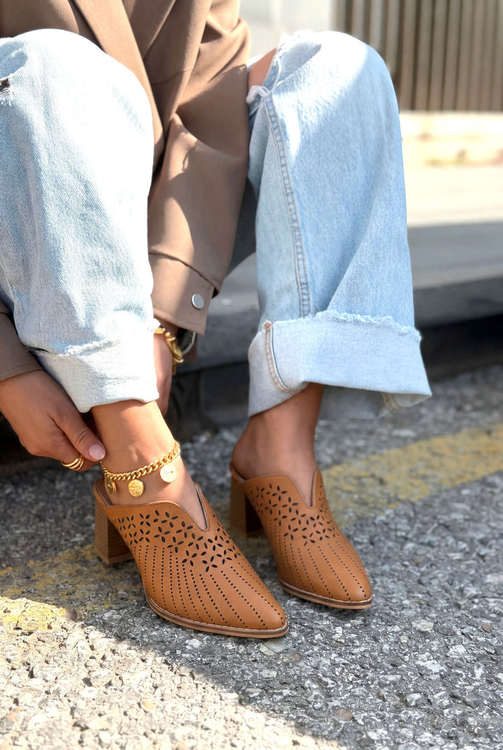 Noravina Hakiki Deri Topuklu Terlik Taba - ILOVESHOES