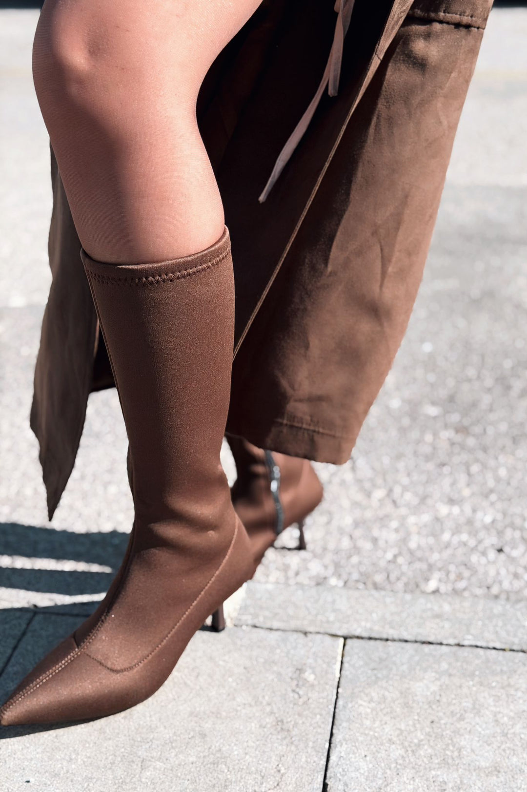 Ralve Kadın Topuklu Streç Çizme Acıkahve Dalgıç Kumaş - ILOVESHOES