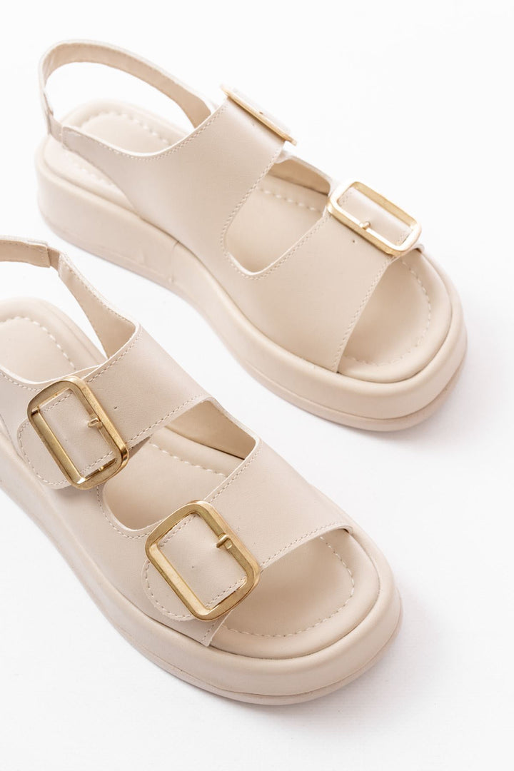 Borea Mat Deri Bej Baretli Kadın Sandalet - ILOVESHOES