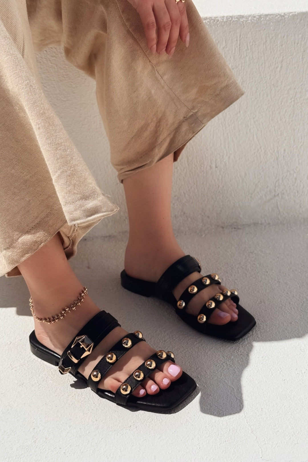 Dawist Mat Deri Siyah Troklu Düz Kadın Terlik - ILOVESHOES