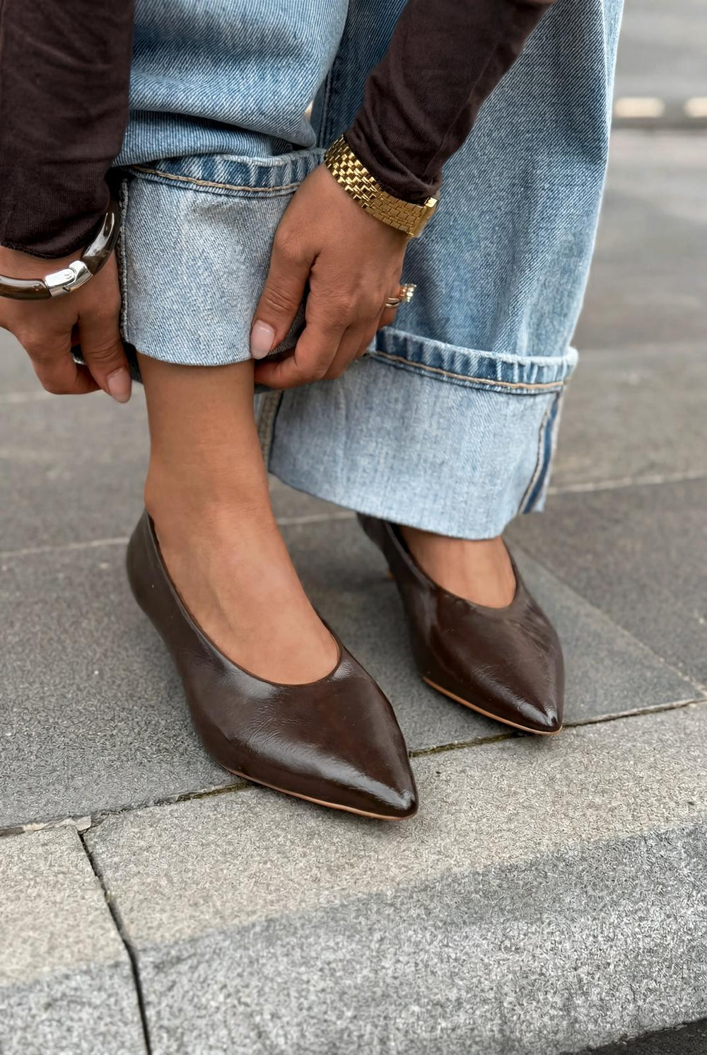 Seranis Hakiki Deri Stiletto Acıkahve Kırışık Rugan - ILOVESHOES