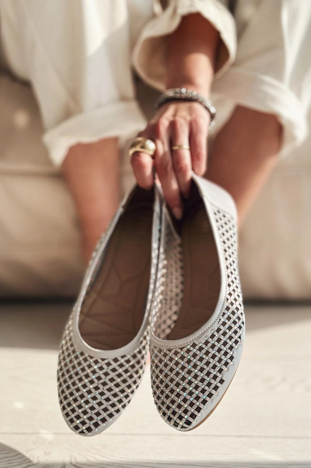 Ronetta Satin Stone Detailed Ballerinas Silver