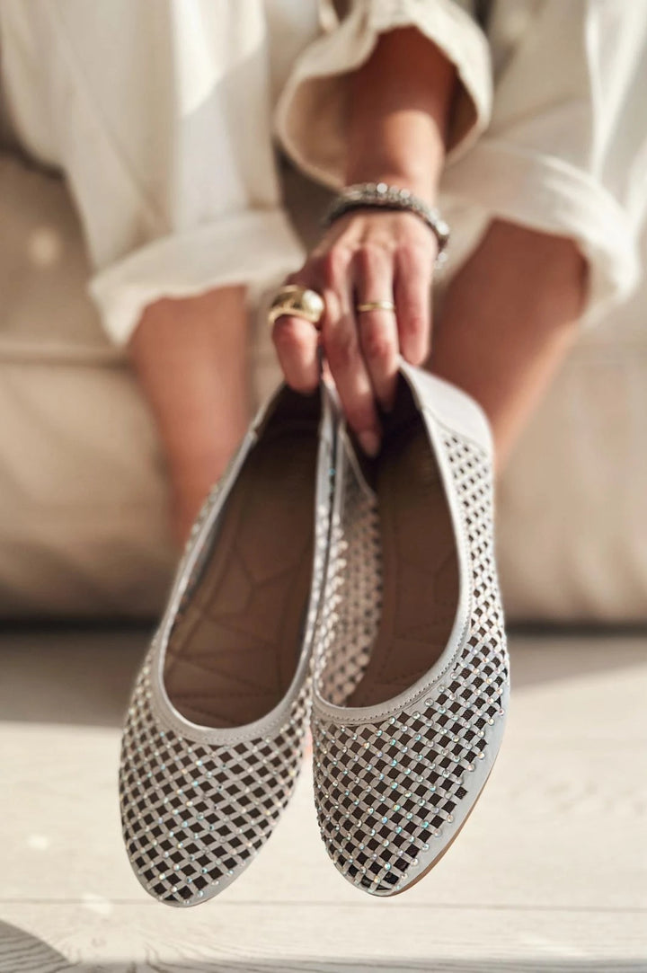 Ronetta Satin Stone Detailed Ballerinas Silver