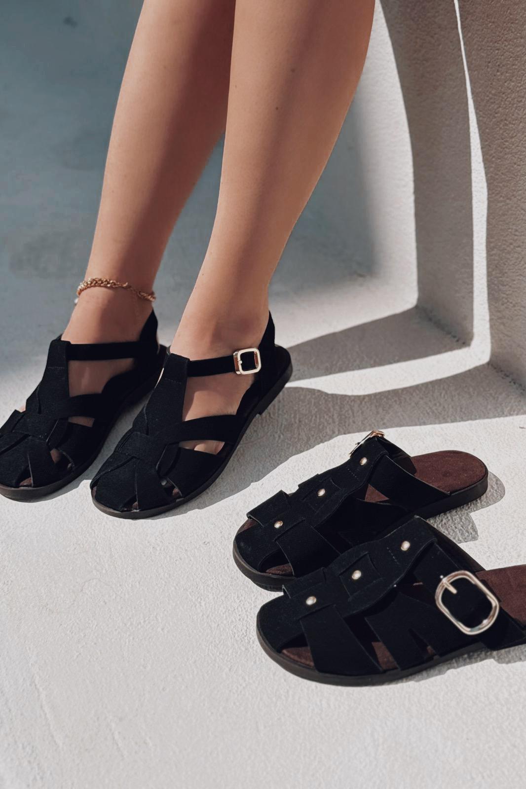 Valen Süet Siyah Düz Kadın Sandalet - ILOVESHOES