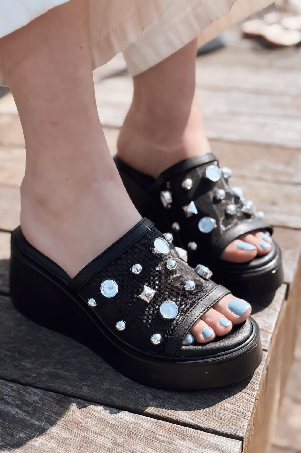 Palien Mat Siyah Zımba Detaylı Dolgu Topuklu Kadın Terlik - ILOVESHOES