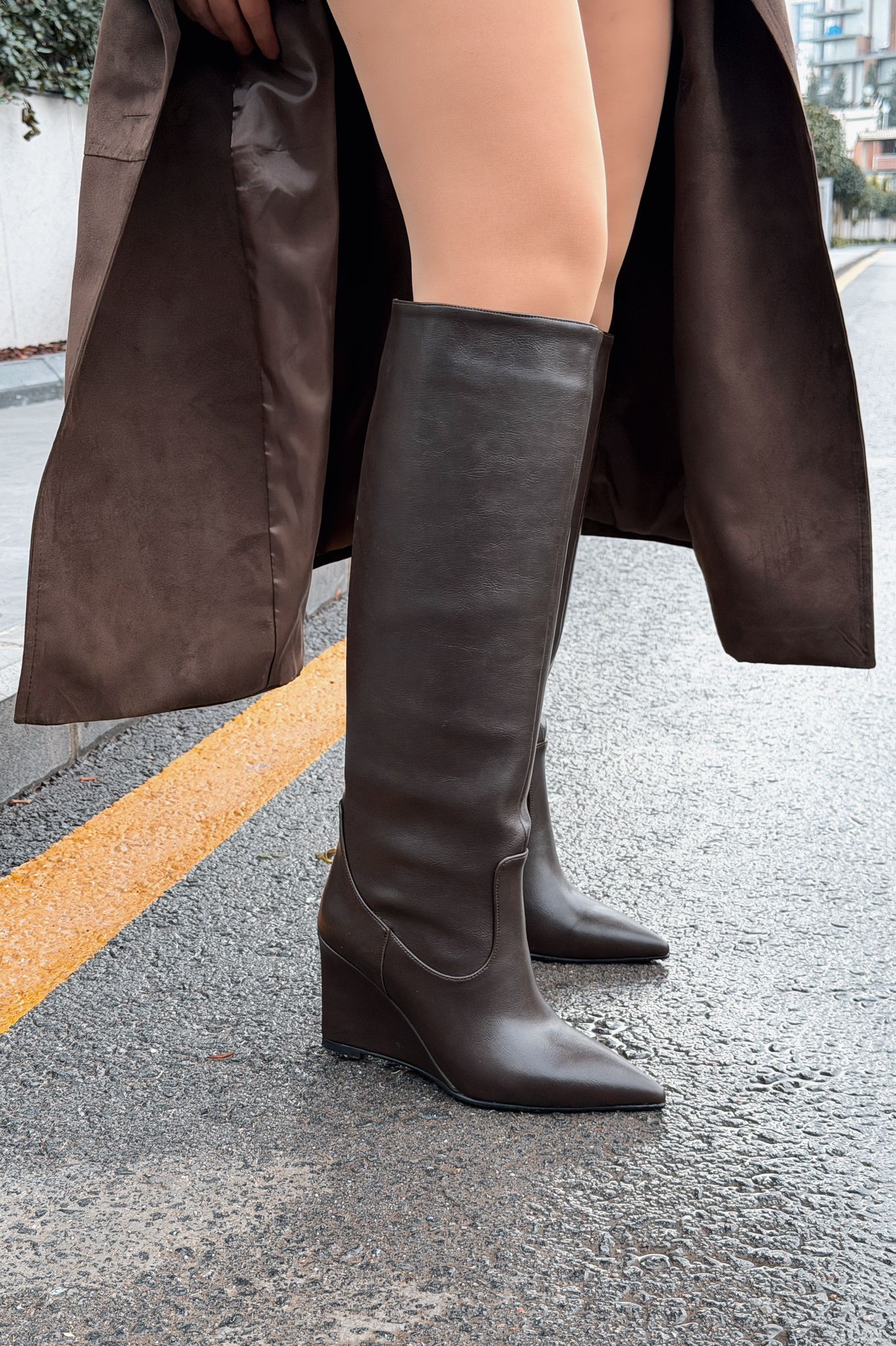 Ravita Kadın Dolgu Topuklu Çizme Acıkahve Mat Deri - ILOVESHOES