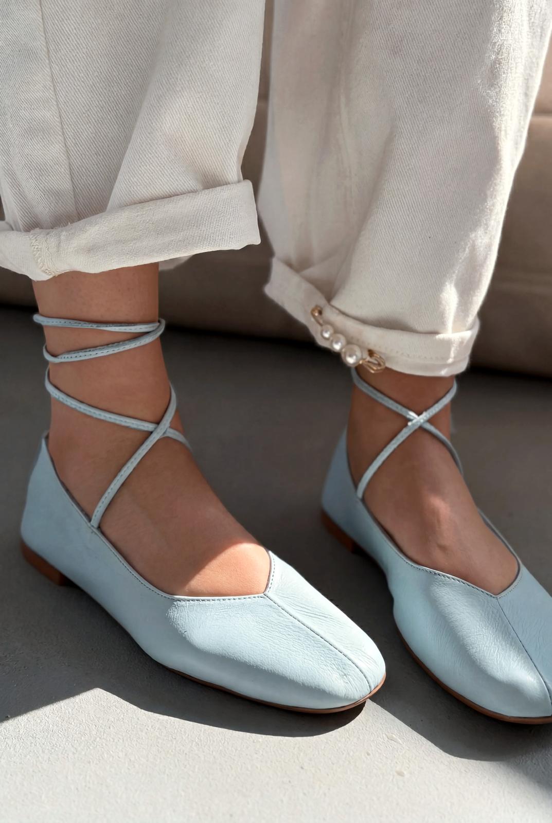 Morven Hakiki Deri Bebek Mavisi Kadın Babet - ILOVESHOES