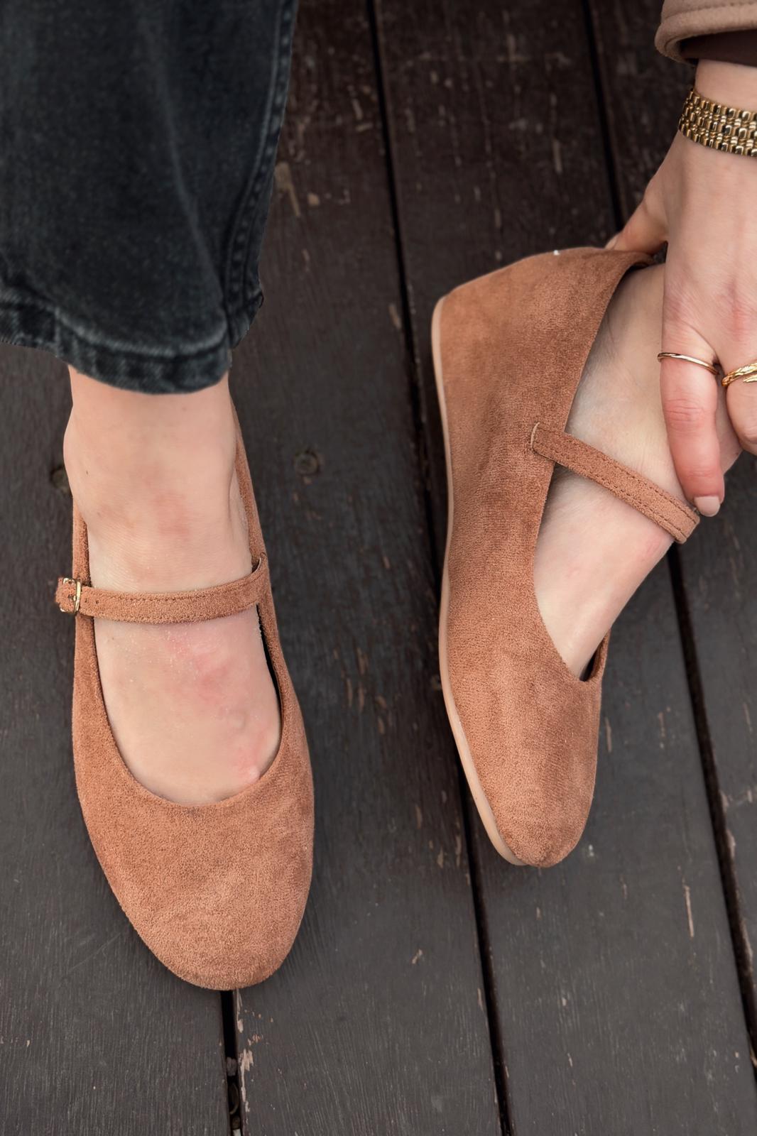 Tenris Kadın Babet Taba Süet Dolgu Topuklu - ILOVESHOES