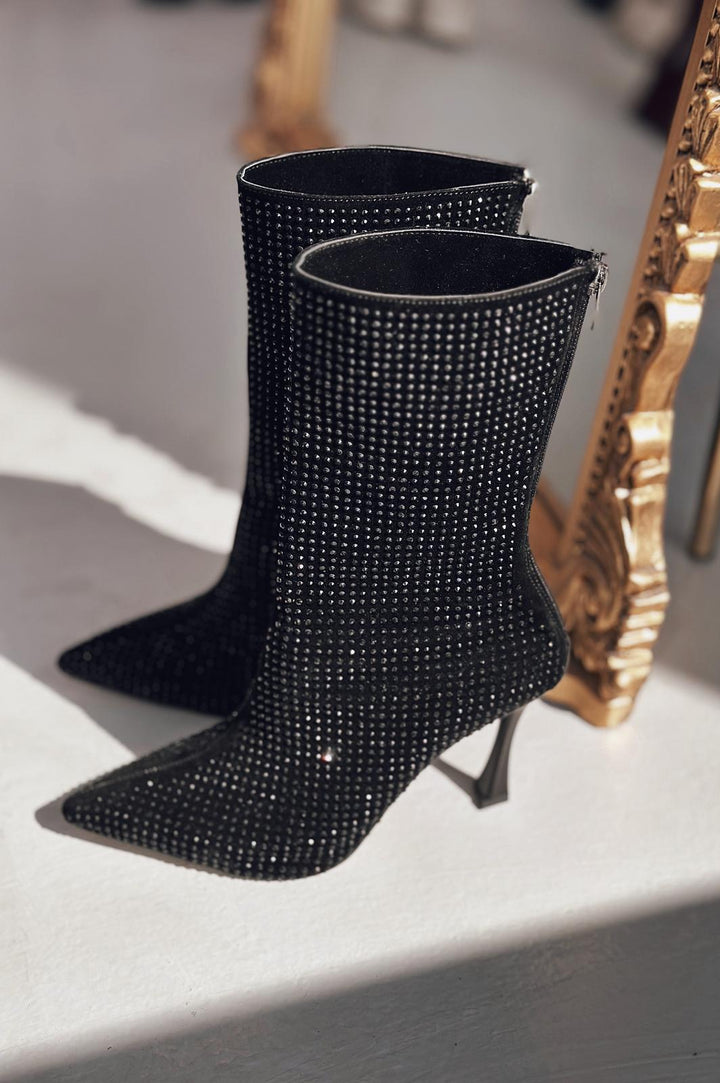 Simley Topuklu Kadın Çizme Siyah Siyah Gri Taşlı - ILOVESHOES