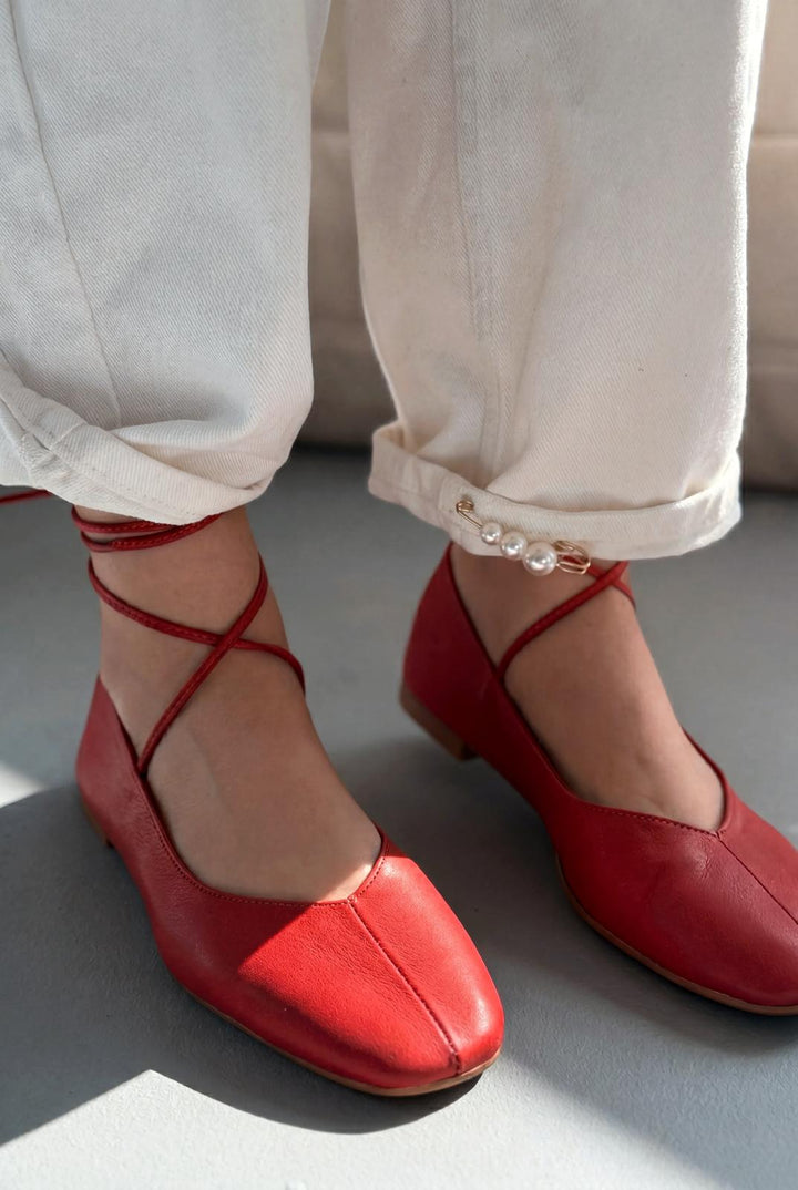 Morven Hakiki Deri Kırmızı Kadın Babet - ILOVESHOES