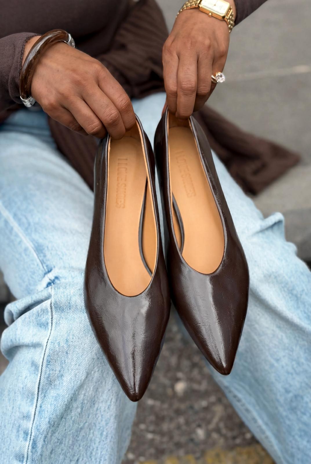 Seranis Hakiki Deri Stiletto Acıkahve Kırışık Rugan - ILOVESHOES