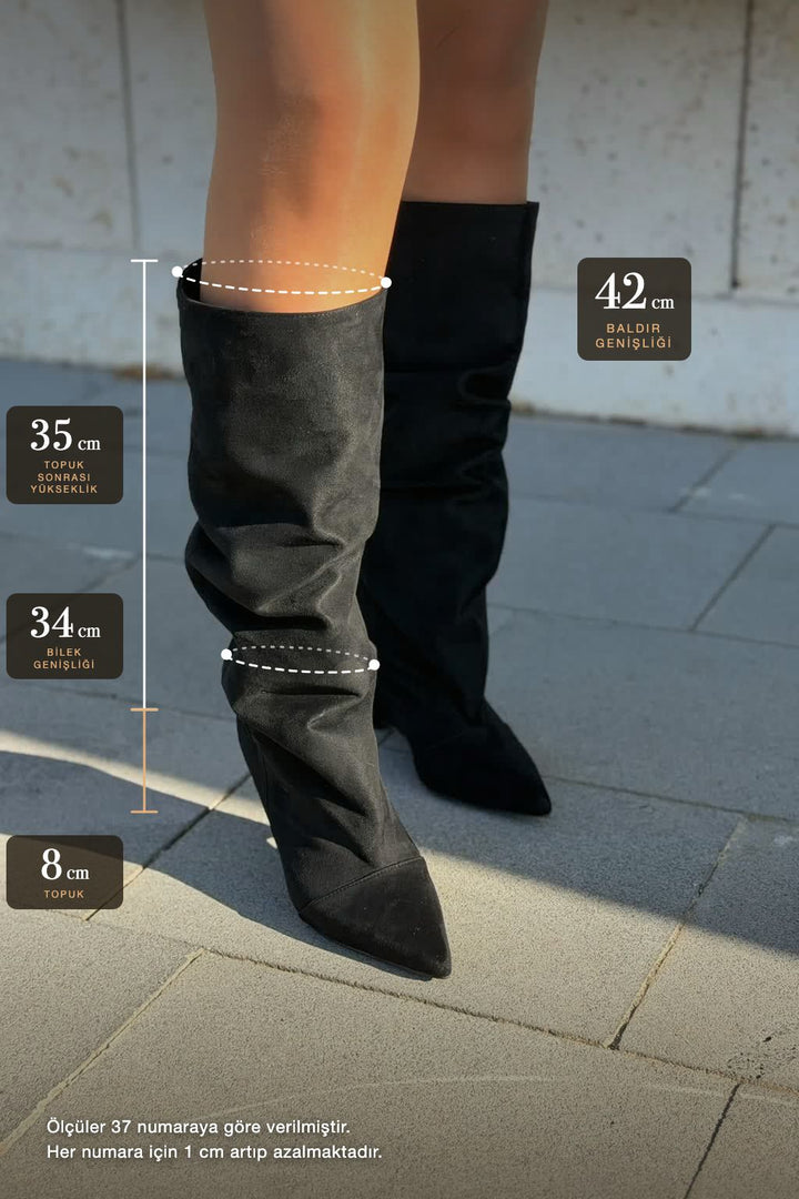 Arenia Siyah Süet Kadın Dolgu Topuklu Çizme - ILOVESHOES